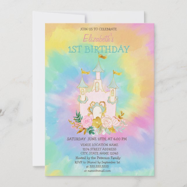 Watercolor Castle Flowers Tie Dye Birthday   Invitation (Front)