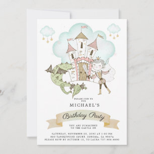 Watercolor Castle Prince Dragon Birthday   Invitation