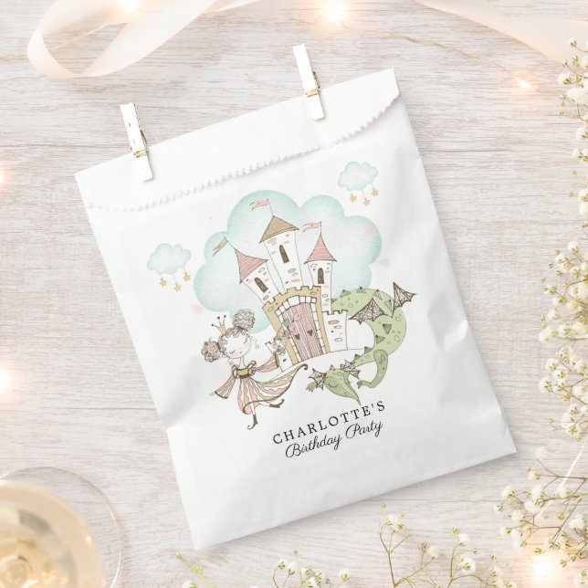 Watercolor Castle Princess Dragon Girl's Birthday Favour Bags (Clipped)