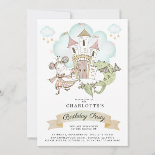Watercolor Castle Princess Dragon Girl's Birthday Invitation