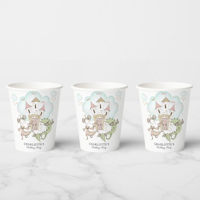 Watercolor Castle Princess Dragon Girl's Birthday  Paper Cups (Multi)