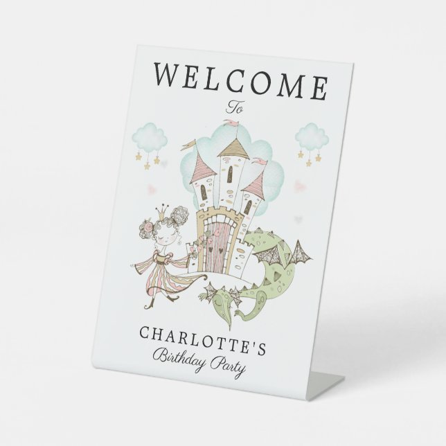 Watercolor Castle Princess Dragon Girl's Birthday Pedestal Sign (Front)