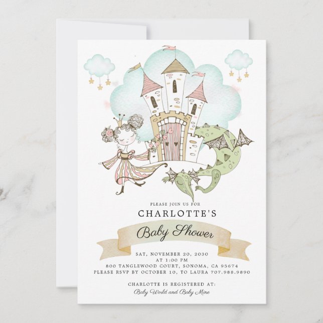 Watercolor Castle Princess Dragon  Invitation (Front)
