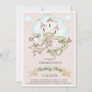 Watercolor Castle Princess Dragon Pink Birthday Invitation