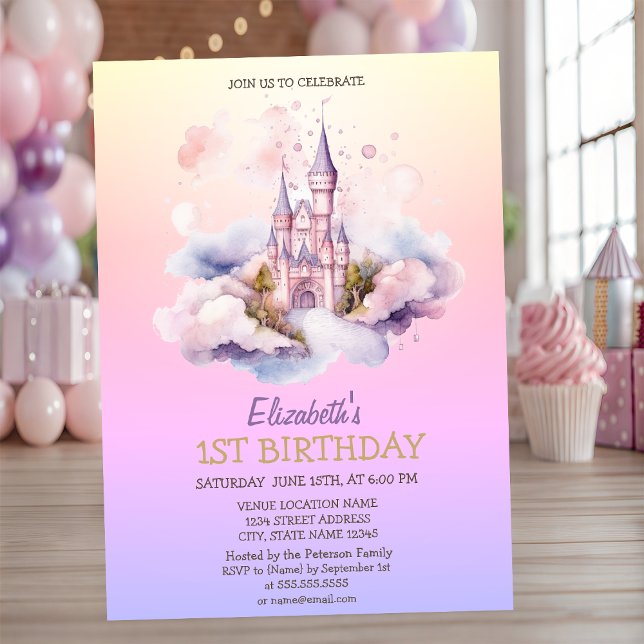 Watercolor Castle Princess Ombre Birthday Invitation (Creator Uploaded)
