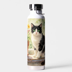 Watercolor Cat and Flower Themed Water Bottle