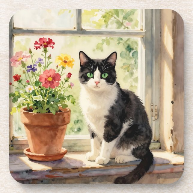 Watercolor Cat and Flowers on Window Sill Coaster (Front)