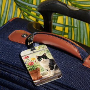 Watercolor Cat and Flowers on Window Sill   Luggage Tag