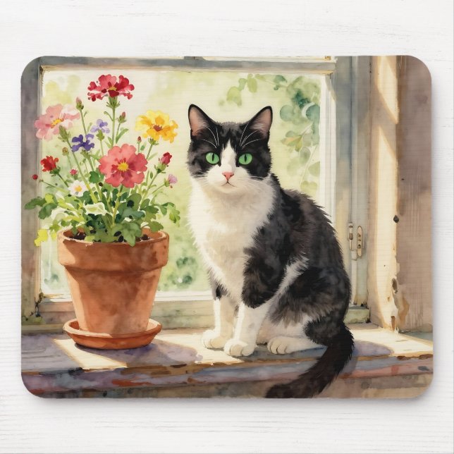 Watercolor Cat and Flowers on Window Sill Mouse Mat (Front)