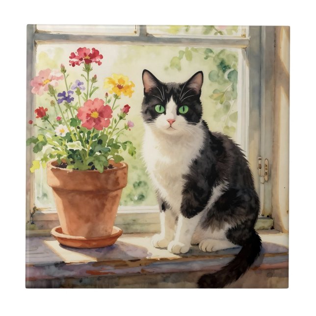 Watercolor Cat and Flowers on Window Sill Tile (Front)