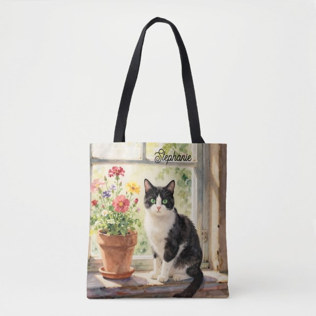 Watercolor Cat and Flowers on Window Sill   Tote Bag (Front)