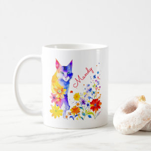 Watercolor Cat and Flowers Personalised Coffee Mug