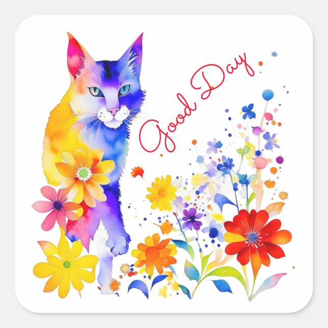 Watercolor Cat and Flowers Personalised Good Day Square Sticker (Front)