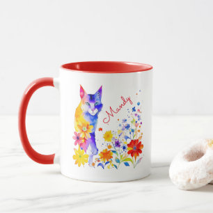 Watercolor Cat and Flowers Personalised Mug
