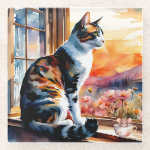 Watercolor Cat and Mouse Greeting Card Glass Coaster