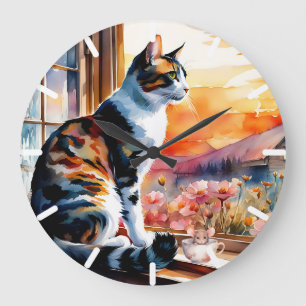 Watercolor Cat and Mouse Greeting Card Large Clock