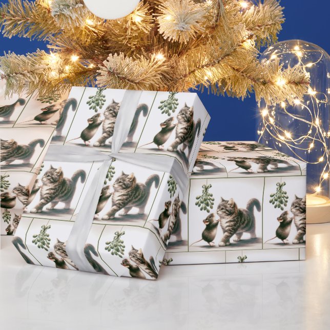 Watercolor Cat and Mouse With Mistletoe Wrapping Paper (Holidays)