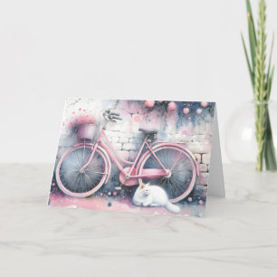 Watercolor Cat and Pink Bike Birthday Card