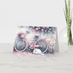 Watercolor Cat and Pink Bike Card