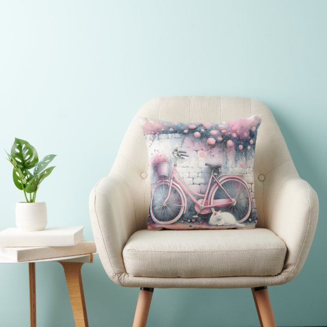 Watercolor Cat and Pink Bike Cushion (Chair)
