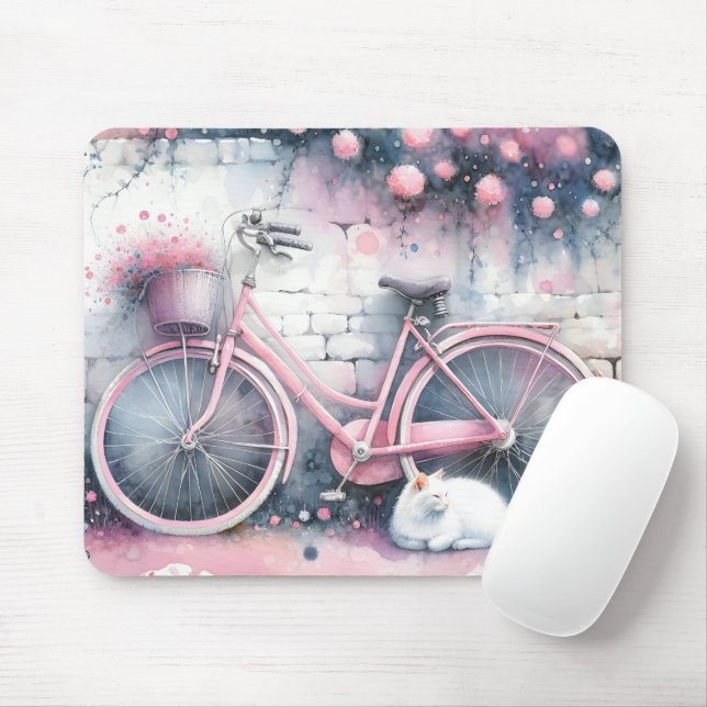 Watercolor Cat and Pink Bike Mouse Mat (With Mouse)