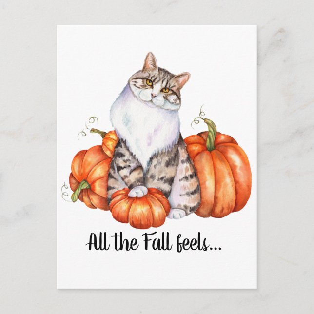 Watercolor Cat and Pumpkins Fall Feels Postcard (Front)