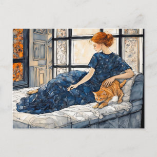 Watercolor Cat and Woman by Window Postcard
