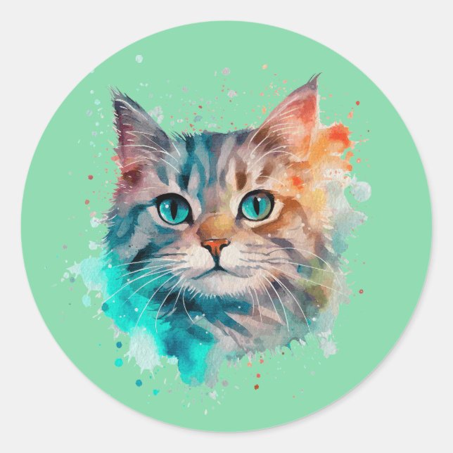 watercolor cat art classic round sticker (Front)