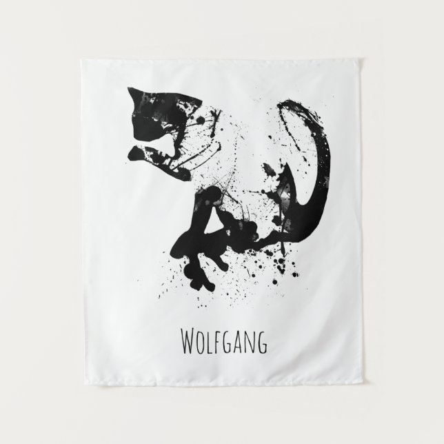 Watercolor Cat, Black Cat, Minimal, Black & White Tapestry (Front)