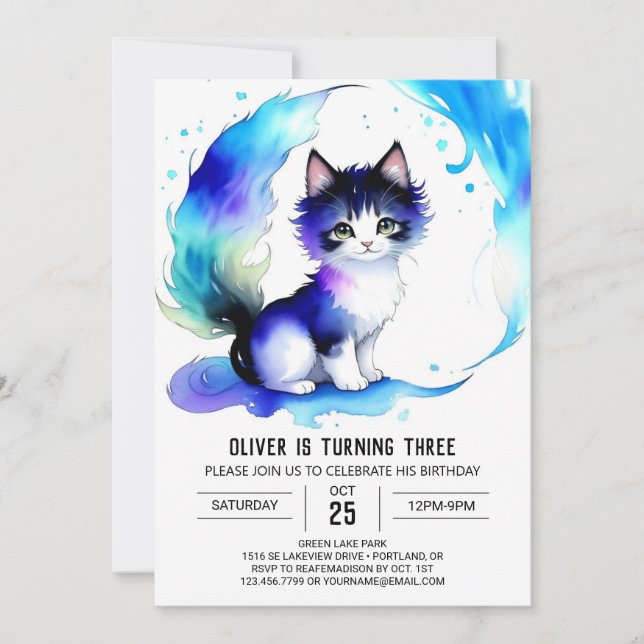 Watercolor Cat Bohemian Birthday Invitation (Front)