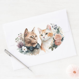 Watercolor Cat Couple On White Oval Sticker