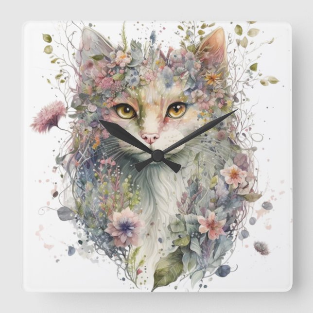 WATERCOLOR CAT FACE AND PRETTY FLOWERS SQUARE WALL CLOCK (Front)