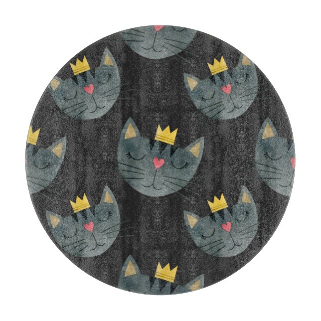 Watercolor cat faces, black seamless. cutting board (Front)