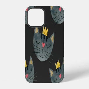 Watercolor cat faces, black seamless. iPhone 12 case