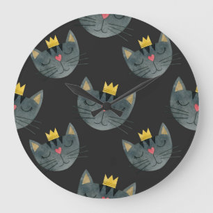 Watercolor cat faces, black seamless. large clock