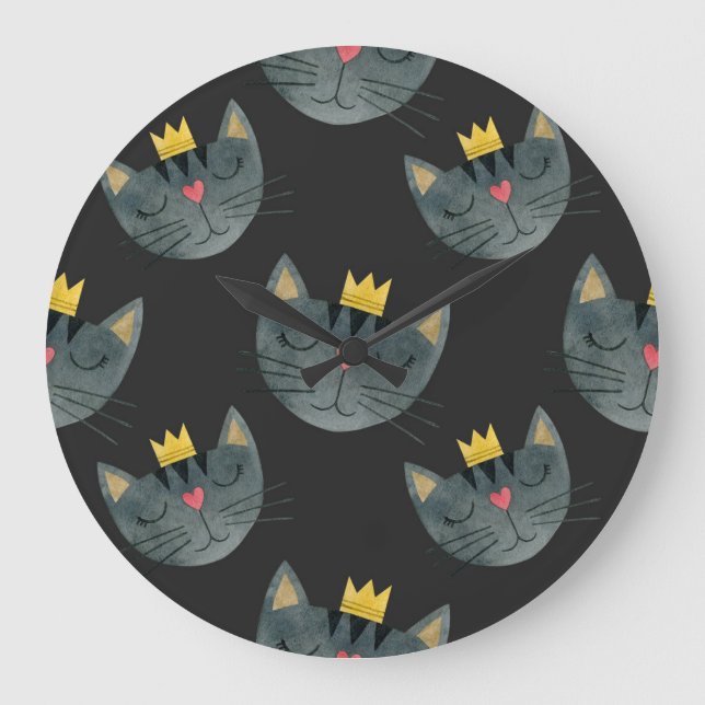 Watercolor cat faces, black seamless. large clock (Front)