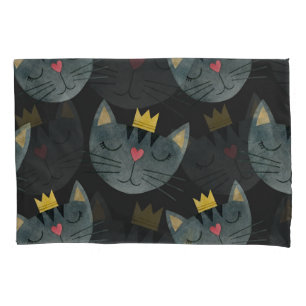 Watercolor cat faces, black seamless. pillowcase