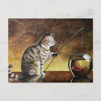 watercolor cat fishing postcard