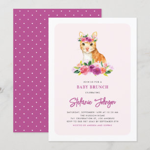 Watercolor Cat Floral Pink Baby Shower Brunch Invitation