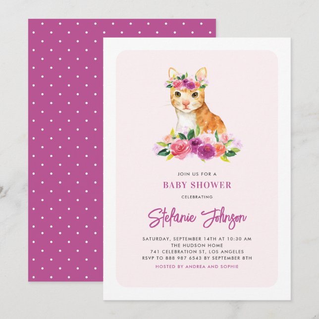 Watercolor Cat Floral Pink Baby Shower Invitation (Front/Back)