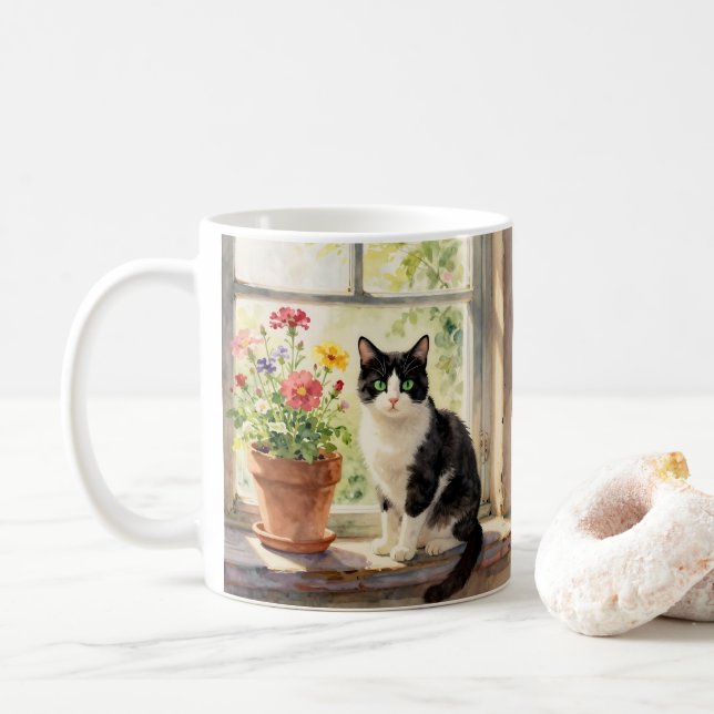 Watercolor Cat, Flowers and Poem Coffee Mug (With Donut)