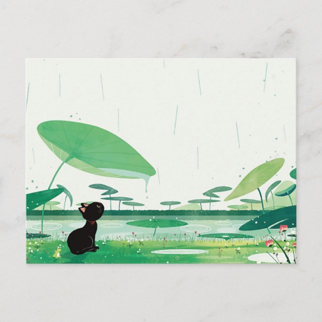 Watercolor Cat Frog In the Rain Holiday Postcard (Front)