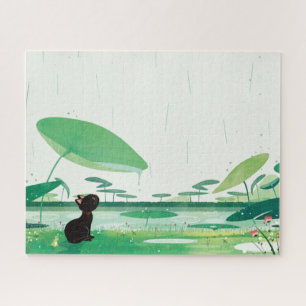 Watercolor Cat Frog In the Rain Jigsaw Puzzle