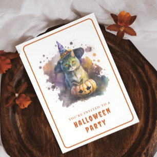 Watercolor Cat Halloween Invitation Card