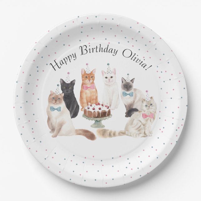 Watercolor Cat Happy Birthday Paper Plate (Front)