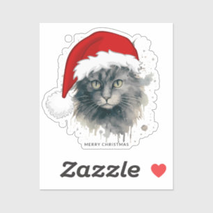 Watercolor Cat In A Santa Hat Merry Christmas