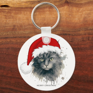 Watercolor Cat In A Santa Hat Merry Christmas Key Ring