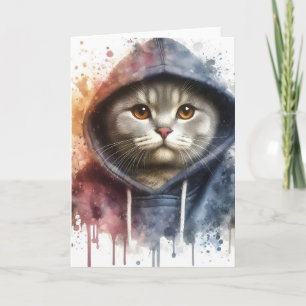 Watercolor Cat in Blue Hoodie Splash Art Blank Card