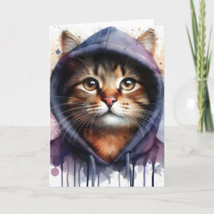 Watercolor Cat in Blue Purple Hoodie Splash Blank Card