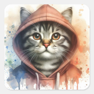Watercolor Cat in Colourful Hoodie Splash Art  Square Sticker